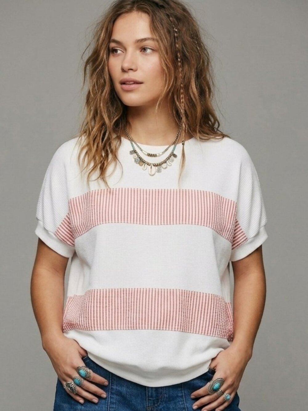 Vintage Booth Bay Seersucker Blouse Peach White Striped Retro Cottagecore Top L